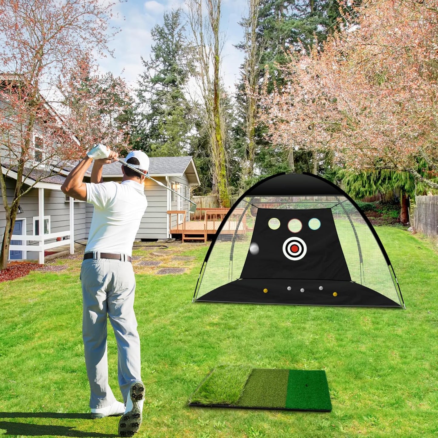 Golf Net, 10X7Ft Durable Golf Practice Net for Backyard Driving & Garage - All-In-1 Golf Hitting Net with Golf Mat, 9 Golf Balls, 9 Golf Tee, and Carry Bag for Training
