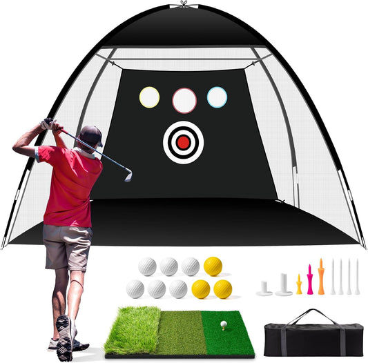 Golf Net, 10X7Ft Durable Golf Practice Net for Backyard Driving & Garage - All-In-1 Golf Hitting Net with Golf Mat, 9 Golf Balls, 9 Golf Tee, and Carry Bag for Training